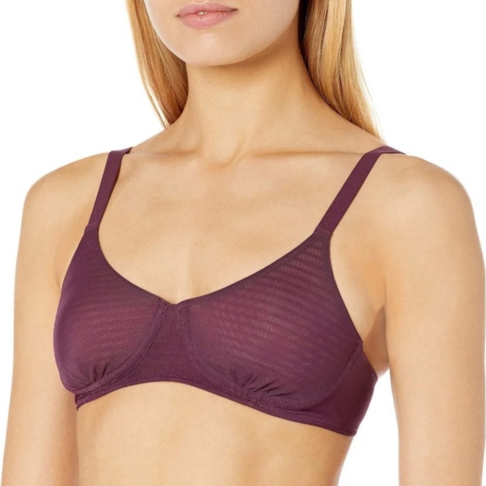 Mae Women's Demi Cup Wireless Mesh Stripe Bra, Grape Wine